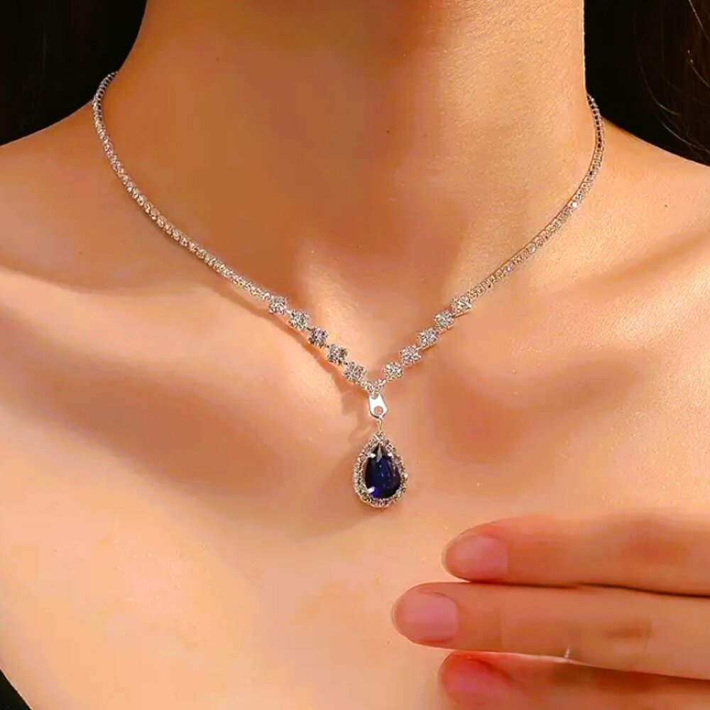 18K White Gold Womens 1ct Diamond Blue Sapphire Gemstone Necklace 18K Silver NEW